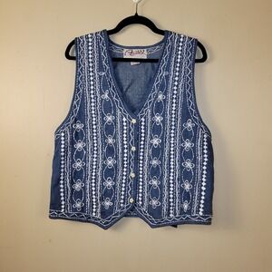 ASAPO Vest Size Large Embroidered Southwest Aztec Floral Western Denim